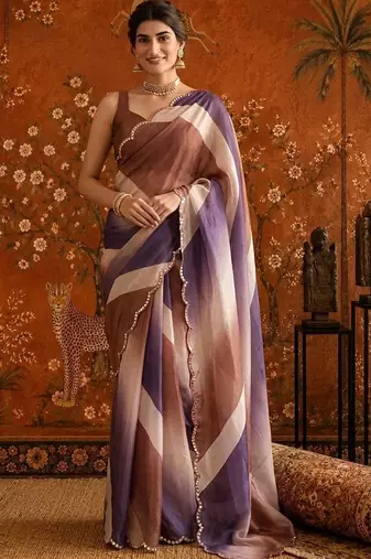 Multicolor striped mirror work satin saree