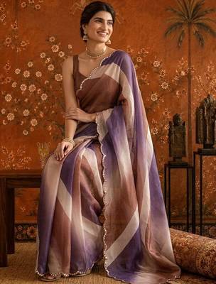 Multicolor striped mirror work satin saree 5