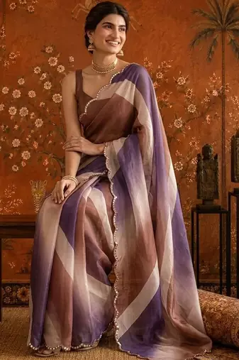 Multicolor striped mirror work satin saree