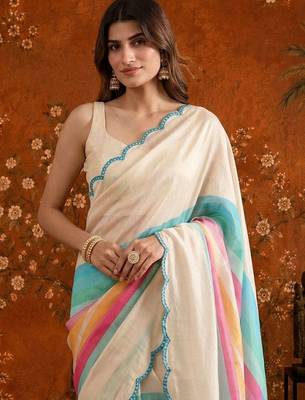 Off white striped mirror work satin saree 1