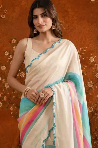 Off white striped mirror work satin saree