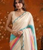 Off white striped mirror work satin saree