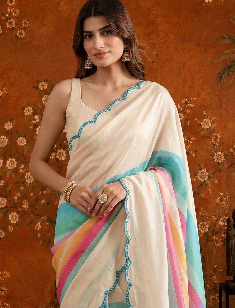 Off white striped mirror work satin saree