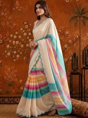 Off white striped mirror work satin saree 2