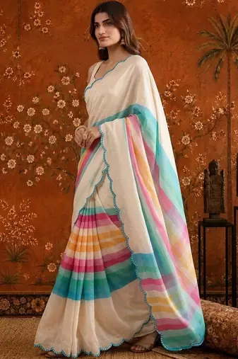 Off white striped mirror work satin saree