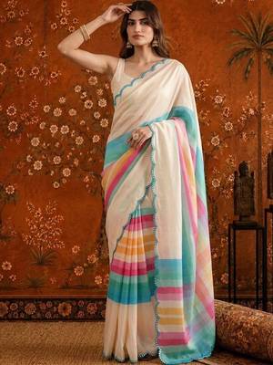 Off white striped mirror work satin saree 3