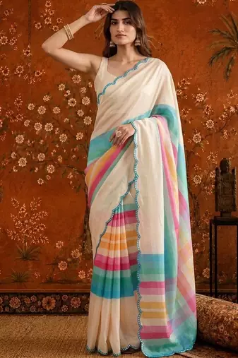 Off white striped mirror work satin saree