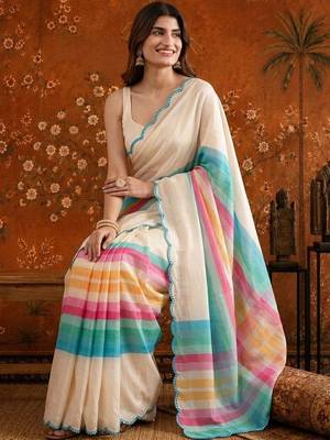 Off white striped mirror work satin saree 4