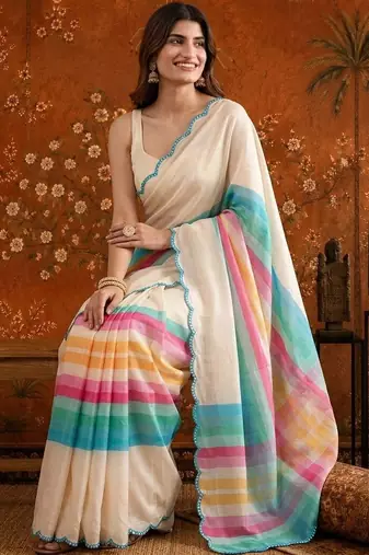 Off white striped mirror work satin saree
