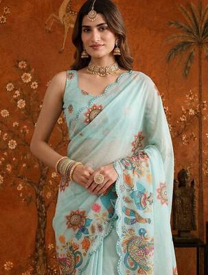 Light blue colourblocked mirror work satin saree 1
