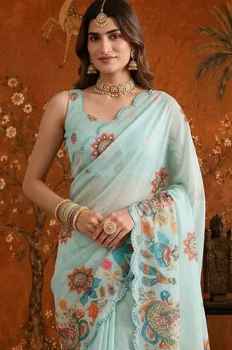 Light blue colourblocked mirror work satin saree
