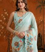 Light blue colourblocked mirror work satin saree