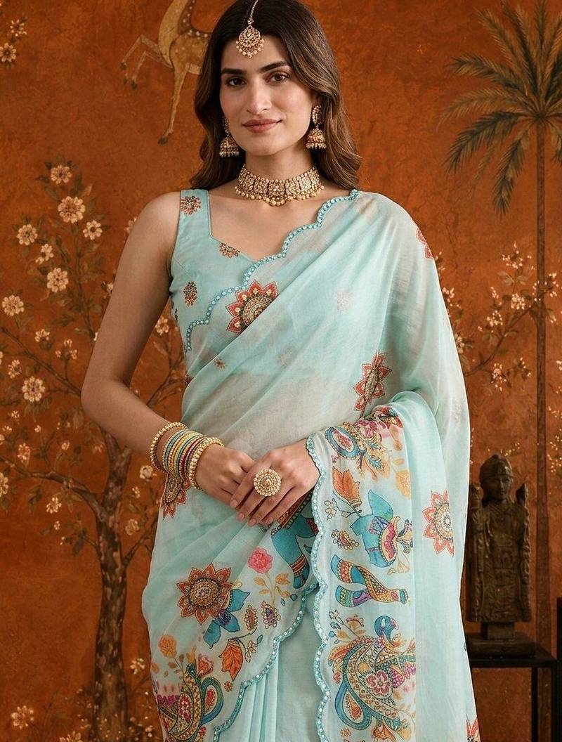 Light blue colourblocked mirror work satin saree