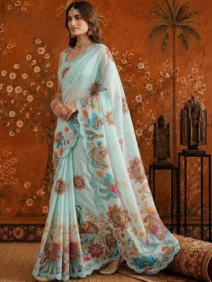 Light blue colourblocked mirror work satin saree 2