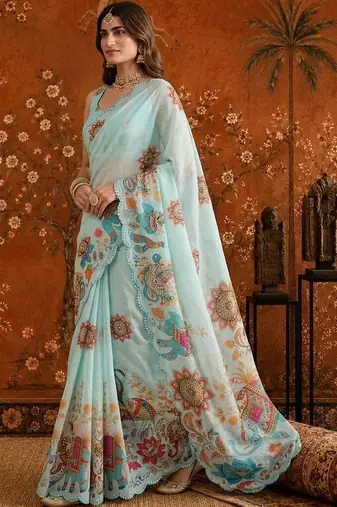 Light blue colourblocked mirror work satin saree