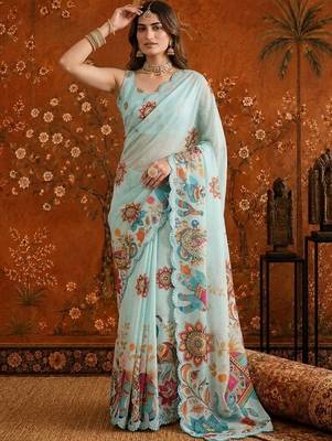Light blue colourblocked mirror work satin saree 3