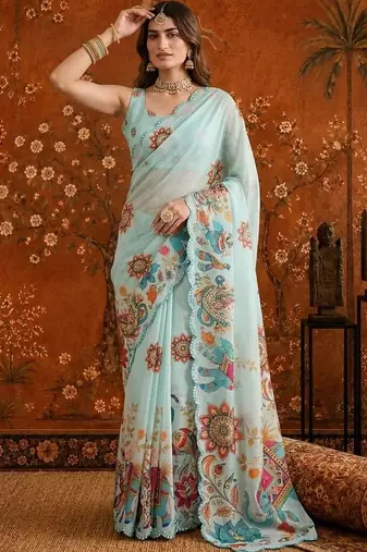 Light blue colourblocked mirror work satin saree