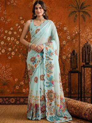 Light blue colourblocked mirror work satin saree 4