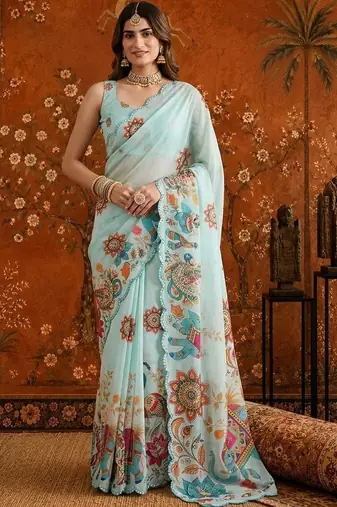 Light blue colourblocked mirror work satin saree