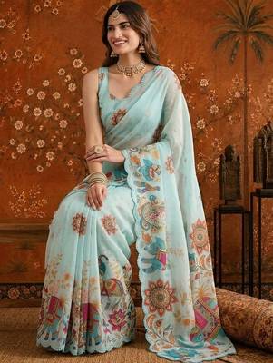 Light blue colourblocked mirror work satin saree 5