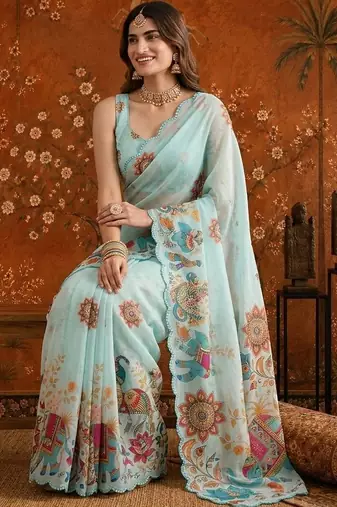 Light blue colourblocked mirror work satin saree