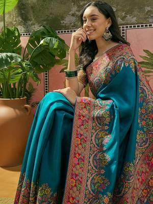 Teal position printed zari weaving saree with contrast blouse piece 1