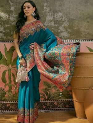 Teal position printed zari weaving saree with contrast blouse piece 4
