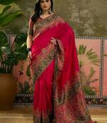 Magenta position printed zari weaving saree with contrast blouse piece