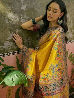 Mustard position printed zari weaving saree with contrast blouse piece 1