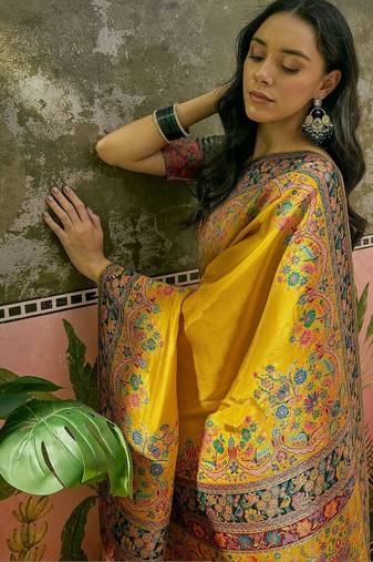 Mustard position printed zari weaving saree with contrast blouse piece