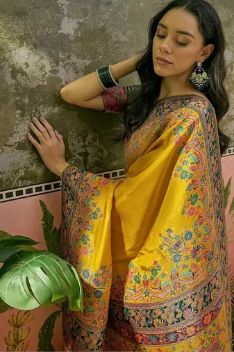 Mustard position printed zari weaving saree with contrast blouse piece