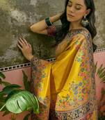 Mustard position printed zari weaving saree with contrast blouse piece