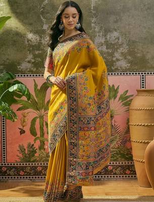 Mustard position printed zari weaving saree with contrast blouse piece 2