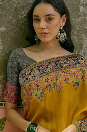 Mustard position printed zari weaving saree with contrast blouse piece