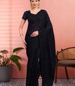 Black ethnic embroidered festive wear saree with matching blouse
