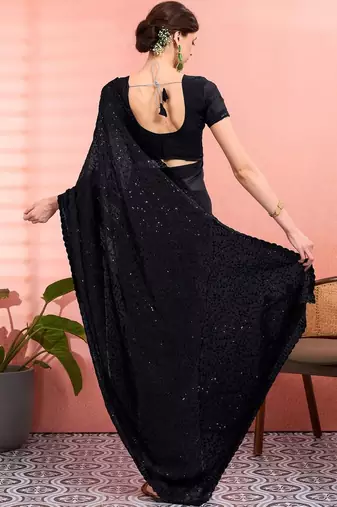 Black ethnic embroidered festive wear saree with matching blouse