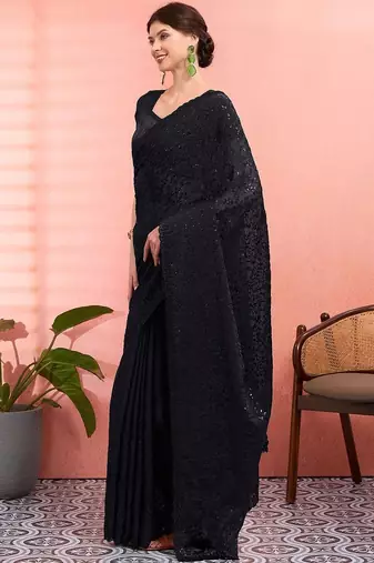 Black ethnic embroidered festive wear saree with matching blouse
