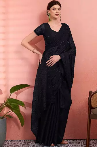 Black ethnic embroidered festive wear saree with matching blouse
