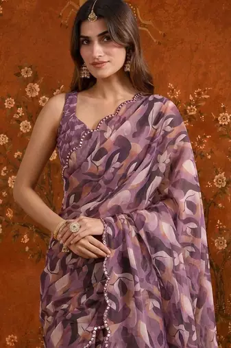 Purple colourblocked mirror work satin saree