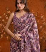 Purple colourblocked mirror work satin saree