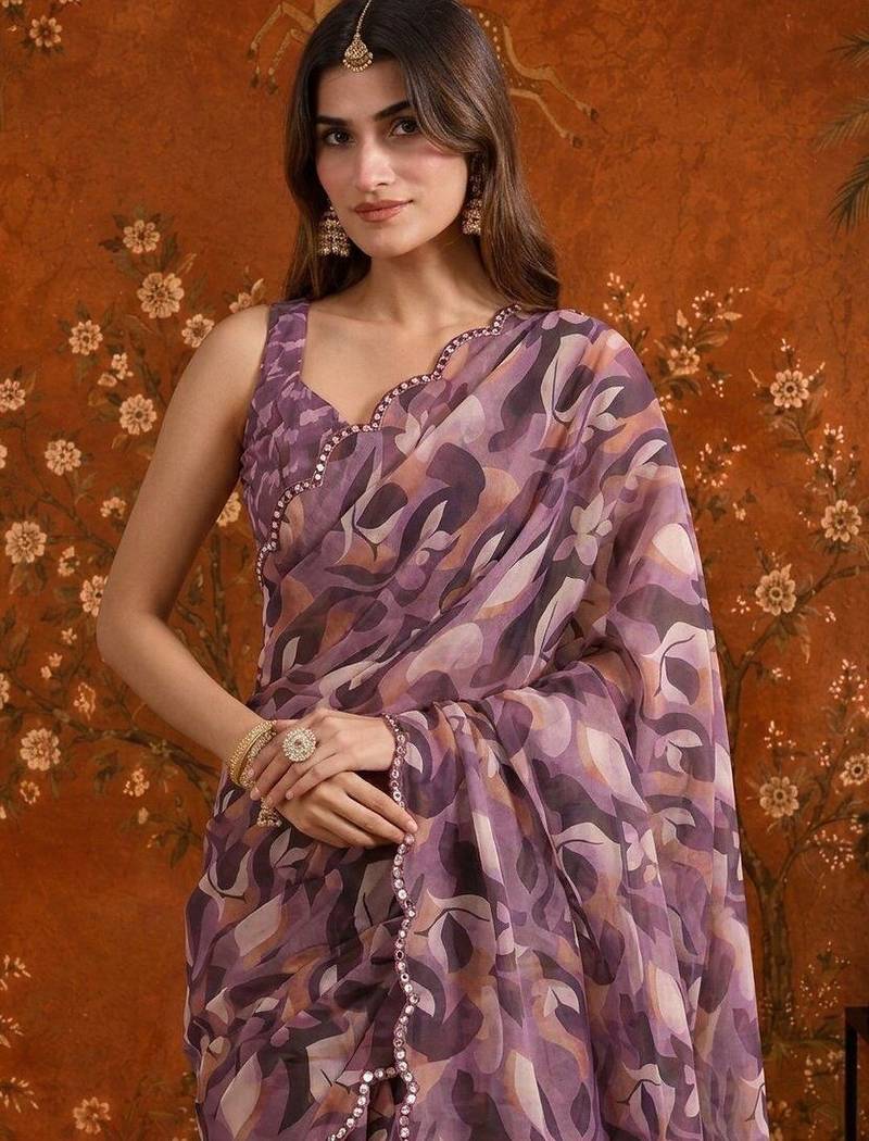 Purple colourblocked mirror work satin saree