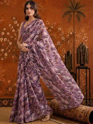 Purple colourblocked mirror work satin saree 2