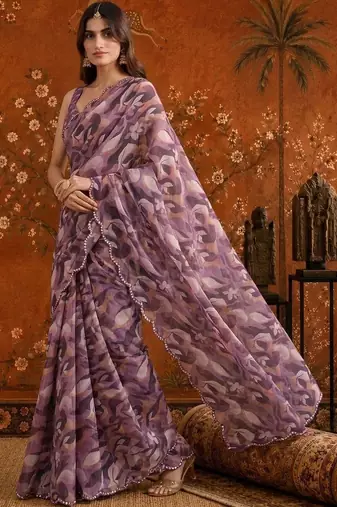 Purple colourblocked mirror work satin saree