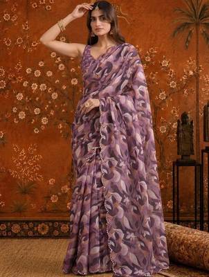 Purple colourblocked mirror work satin saree 3