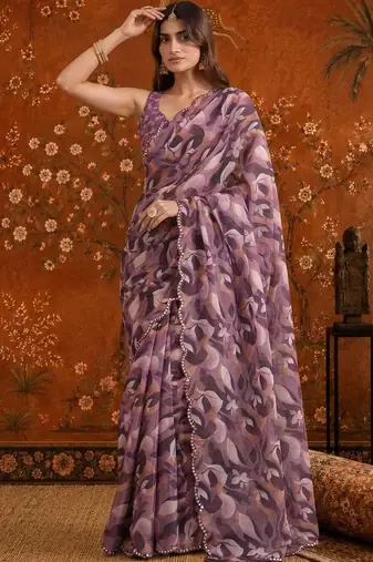 Purple colourblocked mirror work satin saree