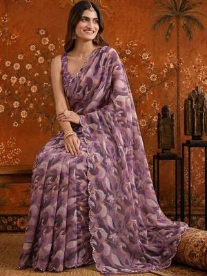 Purple colourblocked mirror work satin saree 4
