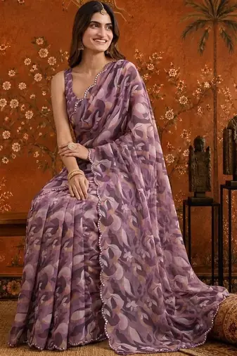 Purple colourblocked mirror work satin saree