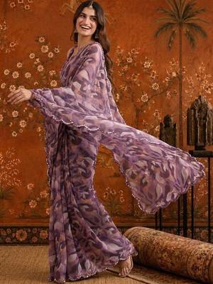 Purple colourblocked mirror work satin saree 5
