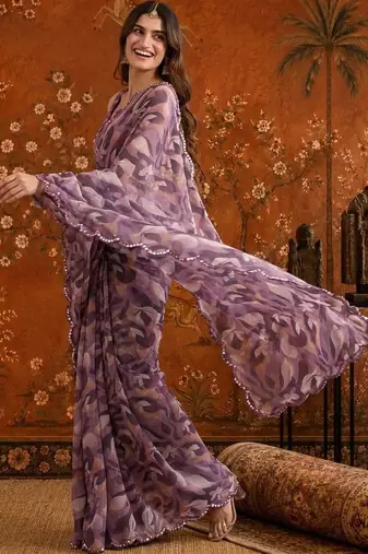Purple colourblocked mirror work satin saree