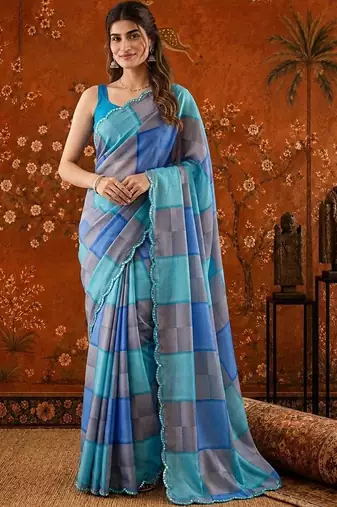 Multicolor colourblocked mirror work satin saree